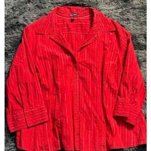 Fashion Bug Button-Up Top Metallic Stripe 3/4 Sleeve Red Blouse 4X